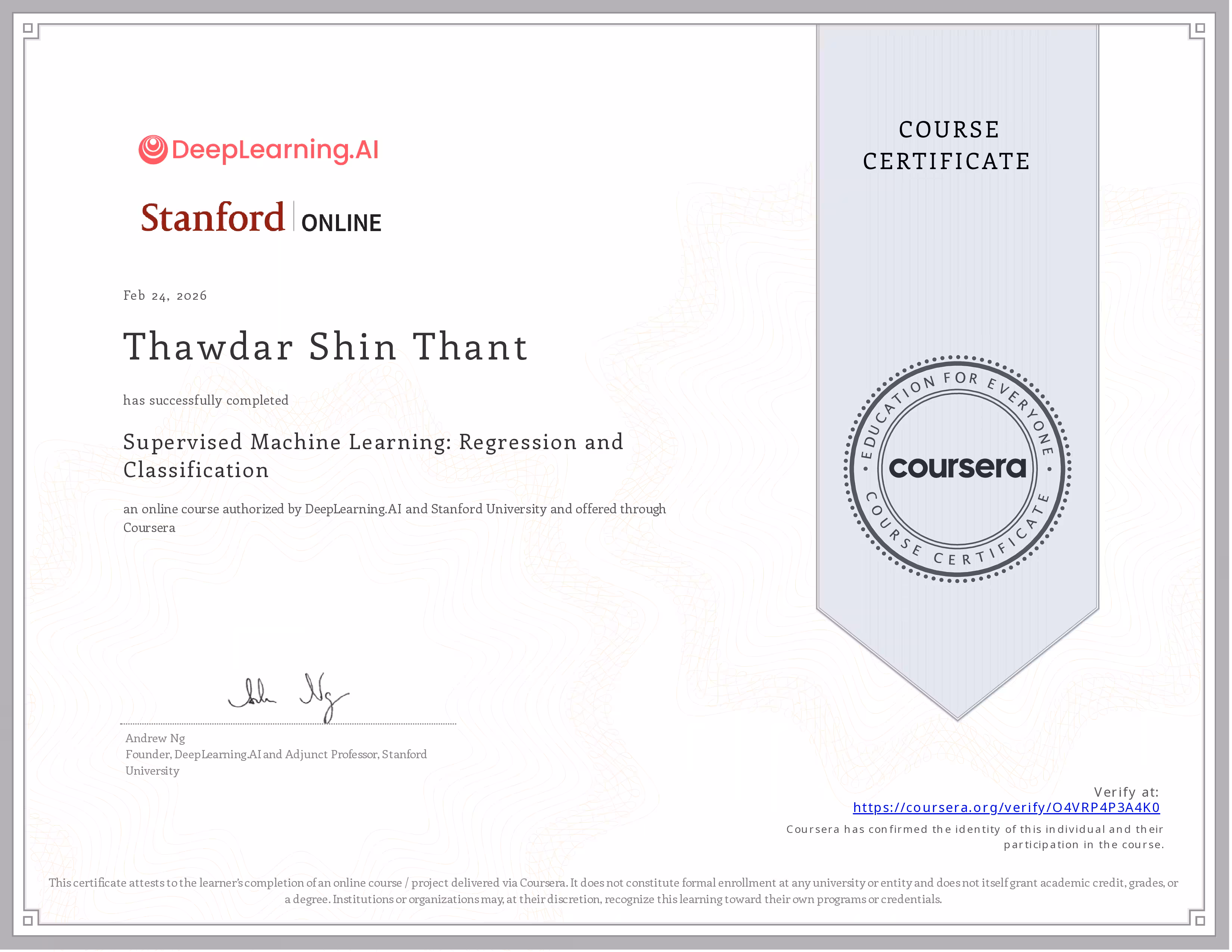 Machine Learning and Regressions by Andrew Ng - Coursera