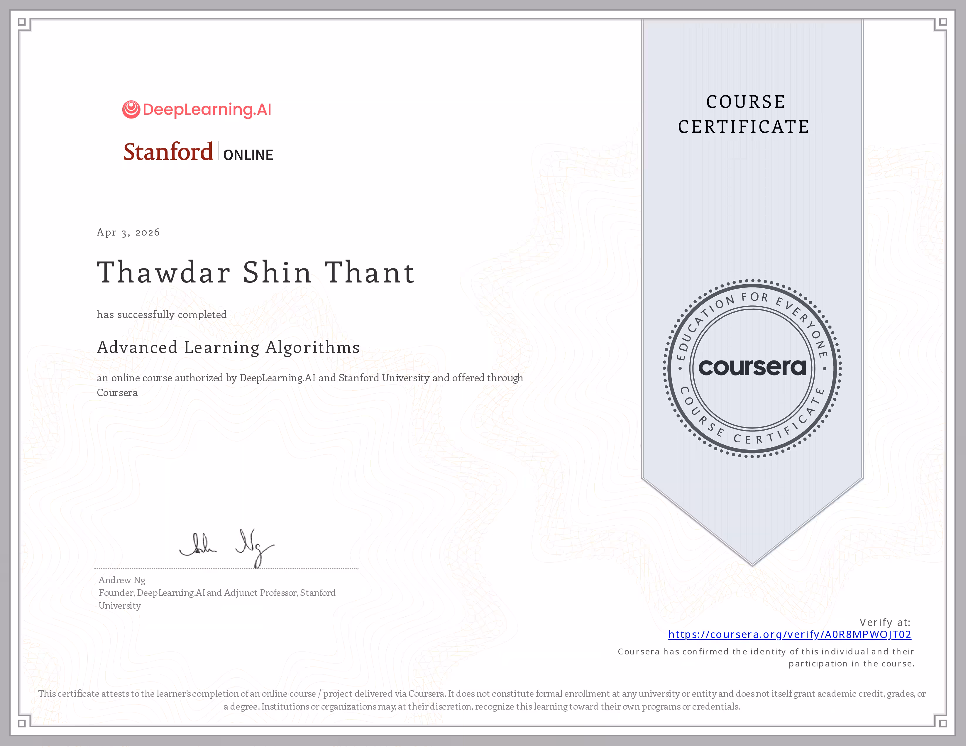 Advanced Learning Algorithms by Andrew Ng - Coursera